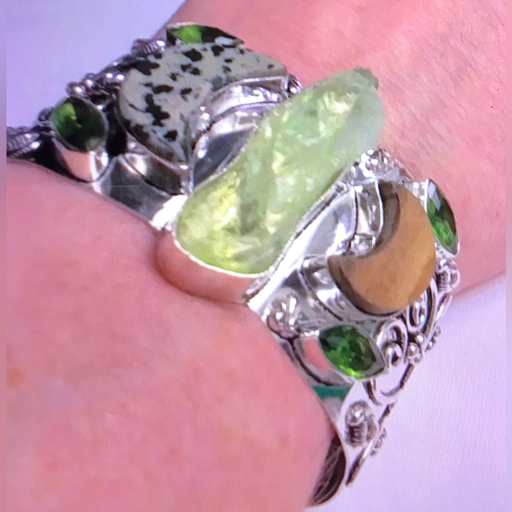 Quartz Sand Stone Dalmatian Jasper Peridot 925 Sterling Silver Cuff Bracelet
